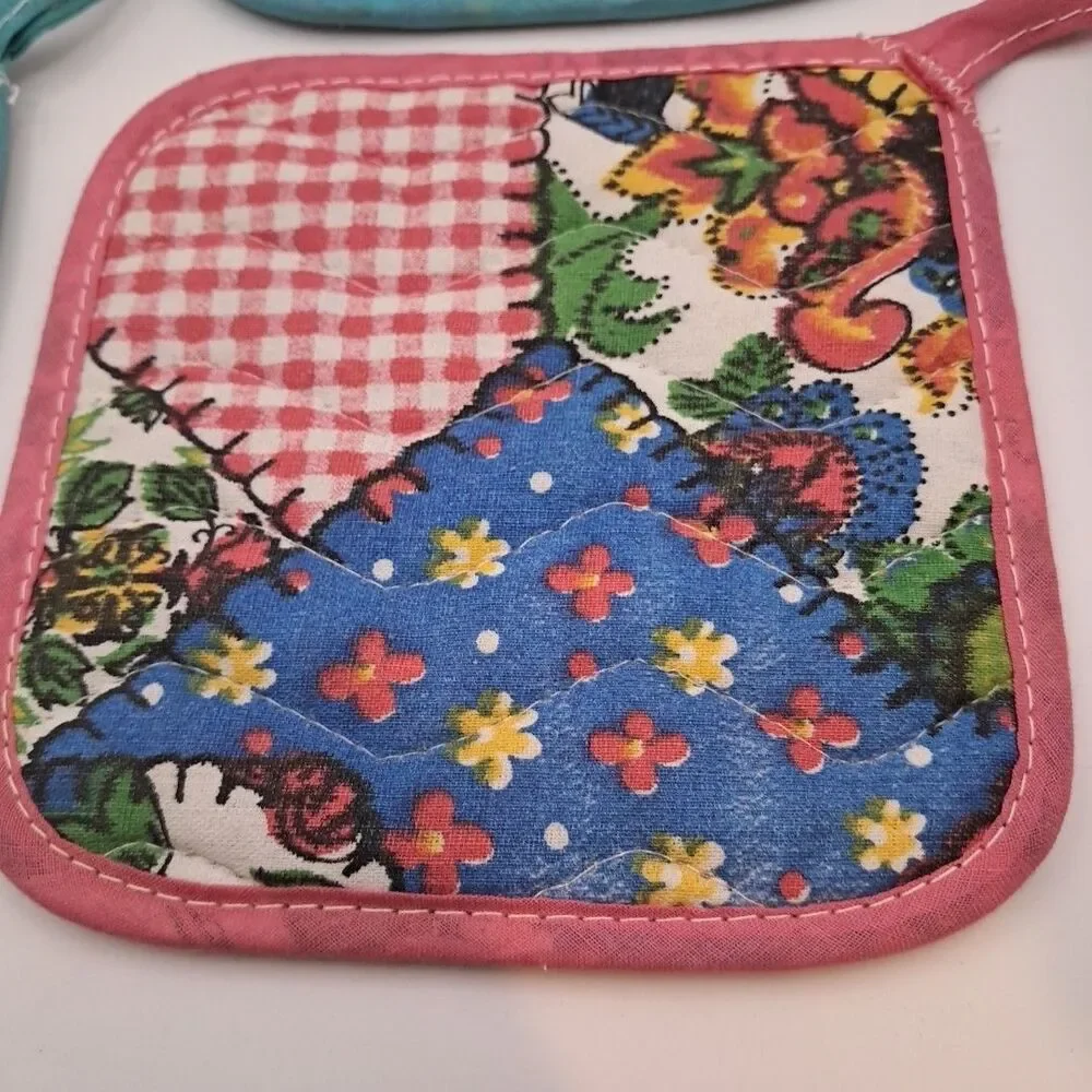 Set Of 4 Quilted Colorful Teal Aqua Pink Pot Holders Advertising Knoxville TN